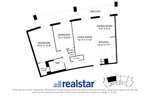 Harbourview Apartments 2-bedroom, 1-bath layout variation A in Oakville, ON